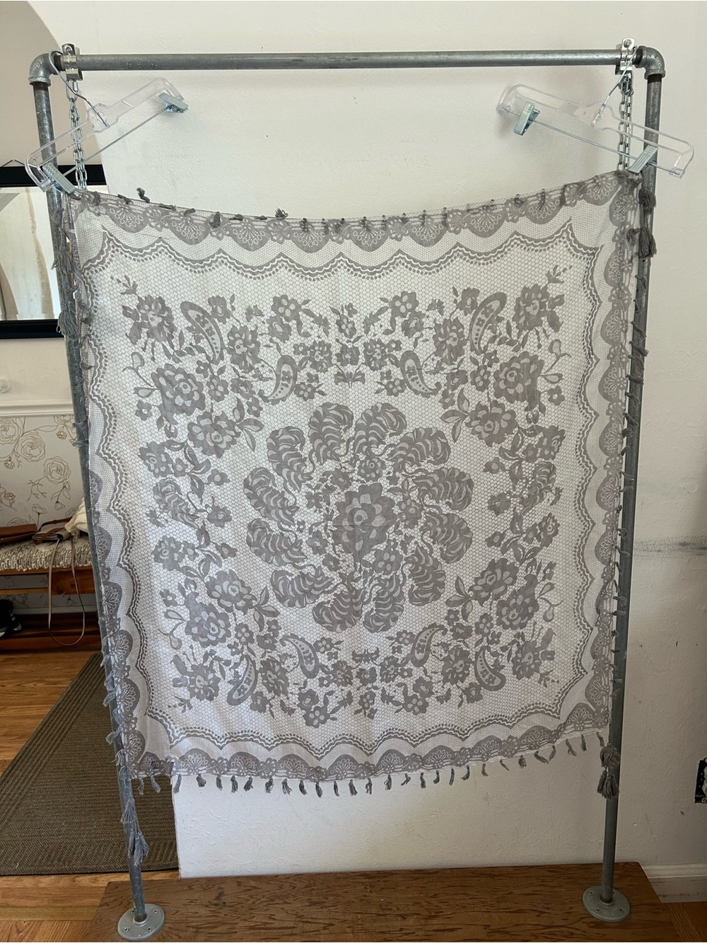 100% SILK floral Paisley Lace Square Scarf Grey Ivory Laundry Los Angeles